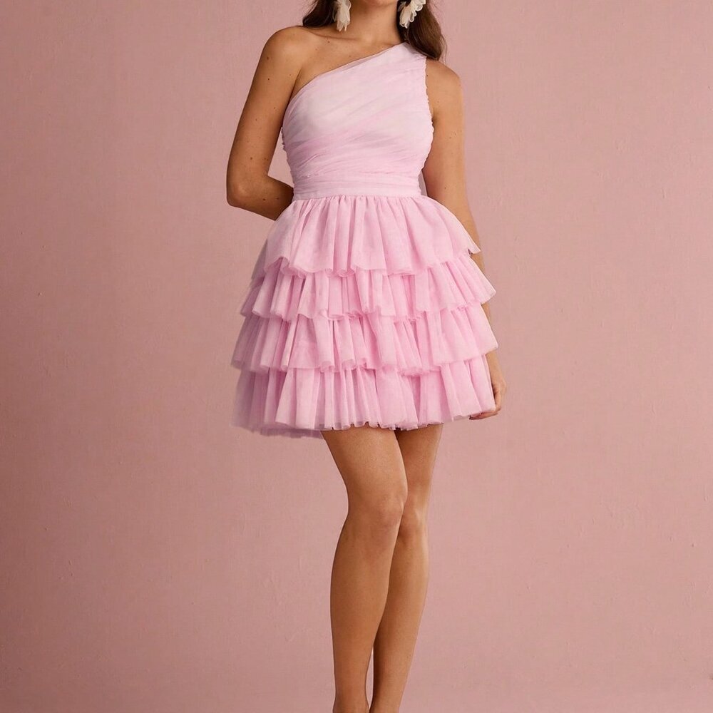 Baby Pink Elegant Women's One Shoulder Ruched Layered Ruffle Mesh Dress - Picture 5 of 7